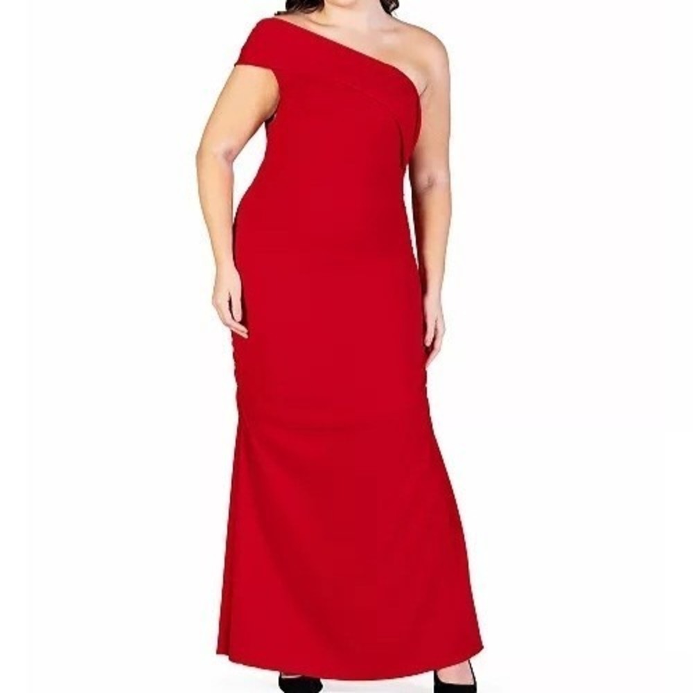24 Seven‎ Formal One Shoulder Rouched Mermaid Maxi Ruby Red Dress Womens Plus 3X